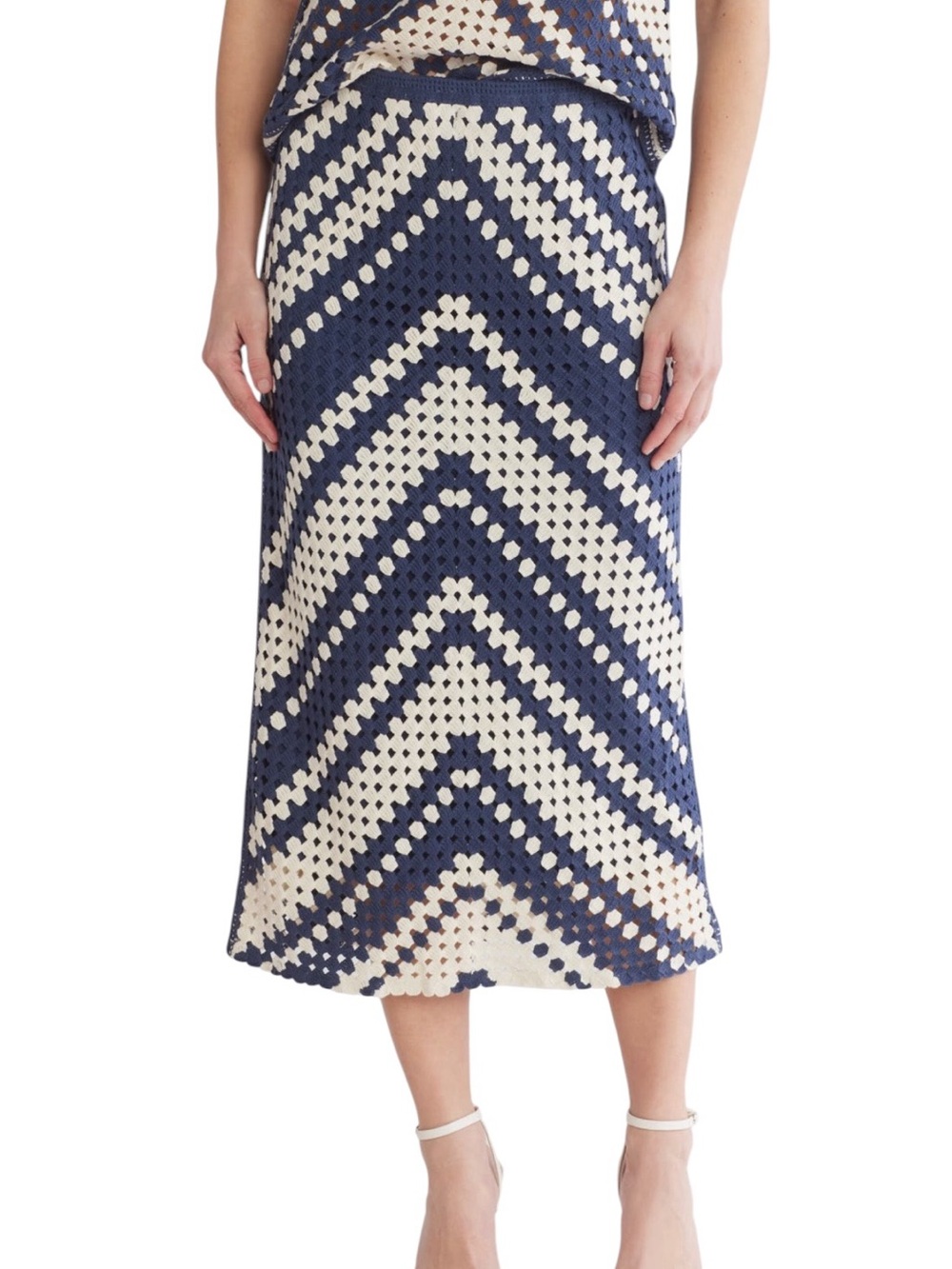 NWT DR2 by Daniel Rainn Crochet Sweater Skirt Navy Cream sz M